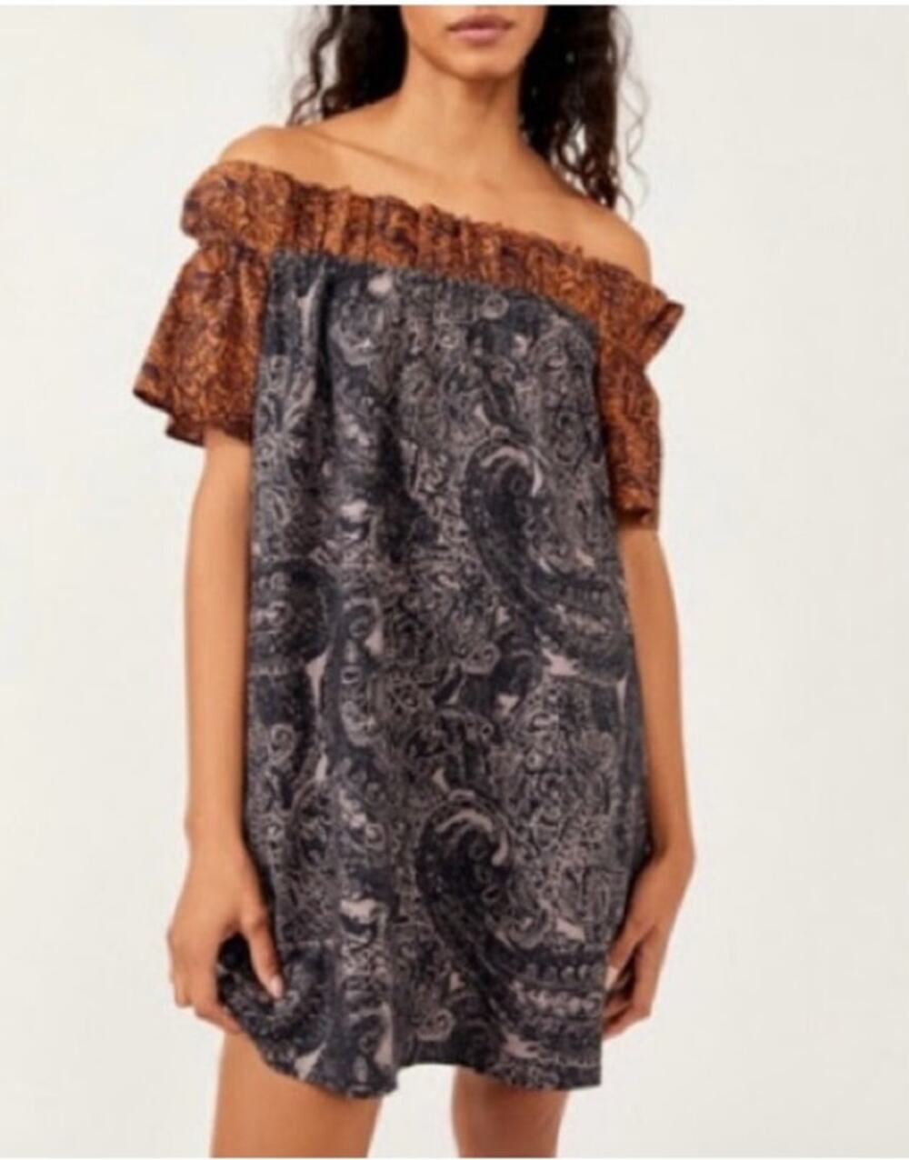 NWT Free People Sophie Off the Shoulder Paisley Print Mini Dress Size S Boho